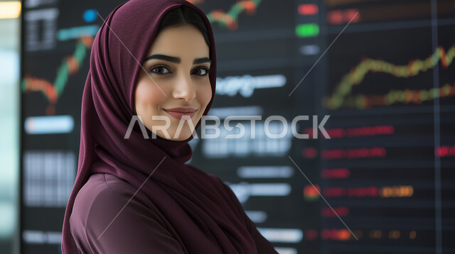  العمل في البورصة والاسواق العالمية، دمج التكنولوجيا والتقنيات المتطورة مع المجال الاقتصادي، صورة مقربة لامرأة عربية خليجية سعودية محجبة مبتسمة تنظر الى الكاميرا بتعابير السرور تقف أمام شاشة الرسومات والمخططات البيانية، الشاشات الالكترونيه المضيئة، تداول العملة الرقمية