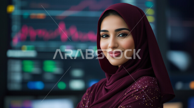  تداول العملة الرقمية، العمل في البورصة والاسواق العالمية، دمج التكنولوجيا والتقنيات المتطورة مع المجال الاقتصادي، صورة مقربة لامرأة عربية خليجية سعودية محجبة مبتسمة تنظر الى الكاميرا بتعابير السرور تقف أمام شاشة الرسومات والمخططات البيانية، الشاشات الالكترونيه المضيئة