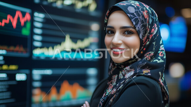  دمج التكنولوجيا والتقنيات المتطورة مع المجال الاقتصادي، صورة مقربة لامرأة عربية خليجية سعودية محجبة مبتسمة تنظر الى الكاميرا بتعابير السرور تقف أمام شاشة الرسومات والمخططات البيانية، الشاشات الالكترونيه المضيئة، تداول العملة الرقمية، العمل في البورصة والاسواق العالمية