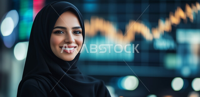 الشاشات الالكترونيه المضيئة، تداول العملة الرقمية، العمل في البورصة والاسواق العالمية، دمج التكنولوجيا والتقنيات المتطورة مع المجال الاقتصادي، صورة مقربة لامرأة عربية خليجية سعودية محجبة مبتسمة تنظر الى الكاميرا بتعابير السرور تقف أمام شاشة الرسومات والمخططات البيانية