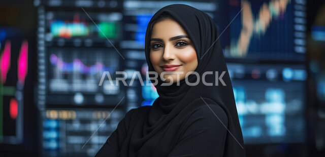  دمج التكنولوجيا والتقنيات المتطورة مع المجال الاقتصادي، صورة مقربة لامرأة عربية خليجية سعودية محجبة مبتسمة تنظر الى الكاميرا بتعابير السرور تقف أمام شاشة الرسومات والمخططات البيانية، الشاشات الالكترونيه المضيئة، تداول العملة الرقمية، العمل في البورصة والاسواق العالمية