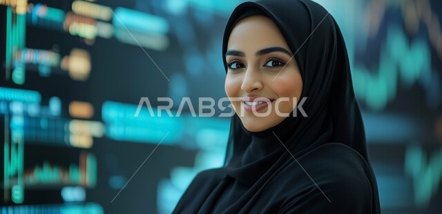 الشاشات الالكترونيه المضيئة، تداول العملة الرقمية، العمل في البورصة والاسواق العالمية، دمج التكنولوجيا والتقنيات المتطورة مع المجال الاقتصادي، صورة مقربة لامرأة عربية خليجية سعودية محجبة مبتسمة تنظر الى الكاميرا بتعابير السرور تقف أمام شاشة الرسومات والمخططات البيانية