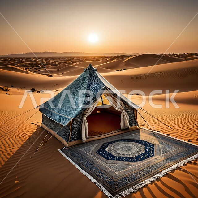 خيمة بدوية شعبية وسط الأماكن الصحراوية في النهار، التضاريس والرمال الذهبية الناعمة والنباتات البرية، التخييم في صحاري المملكة العربية السعودية, مخيمات سياحية ورحلات سفاري ممتعة، كشتة و جلسة بر شبابية