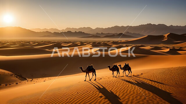 منظر غروب الشمس في الصحراء العربية، قافلة من الإبل تسير فوق الكثبان الرملية، المناظر الطبيعية والأماكن السياحية الصحراوية في المملكة العربية السعودية، محميات طبيعية لتربية ورعاية الجمال العربية الاصيلة
