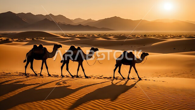 محميات طبيعية لتربية ورعاية الجمال العربية الاصيلة، منظر غروب الشمس في الصحراء العربية، قافلة من الإبل تسير فوق الكثبان الرملية، المناظر الطبيعية والأماكن السياحية الصحراوية في المملكة العربية السعودية