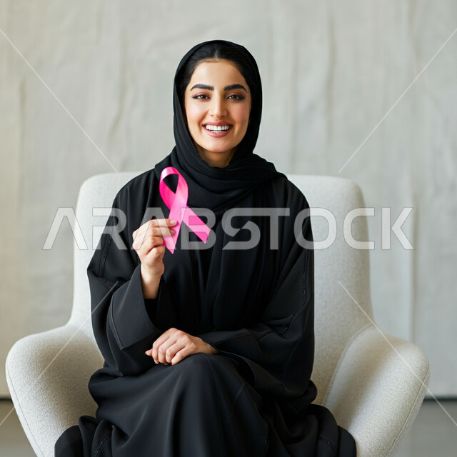 الاهتمام بالمرض والكشف المبكر، الحملة التوعويه بالامراض الخبيثه، رمز الحملة العالمية، اليوم العالمي للتوعية بسرطان الثدي، بورتريه لإمرأة عربية خليجية سعودية تجلس على كنبة مريحة وتحمل بيدها شريط زهري اللون بايماءات السرور، خلفية رمادية