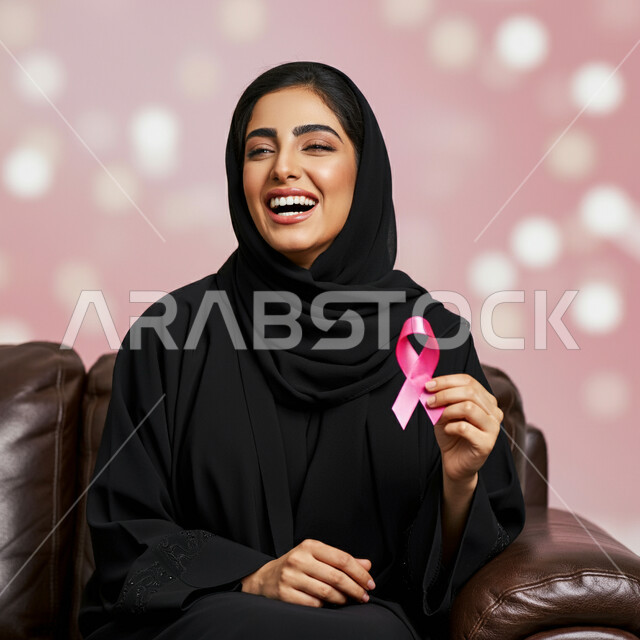 رمز الحملة العالمية، الحملة التوعويه بالامراض الخبيثه، الاهتمام بالمرض والكشف المبكر، اليوم العالمي للتوعية بسرطان الثدي، بورتريه لإمرأة عربية خليجية سعودية تجلس على كنبة مريحة وتحمل بيدها شريط زهري اللون بايماءات السرور، خلفية وردية