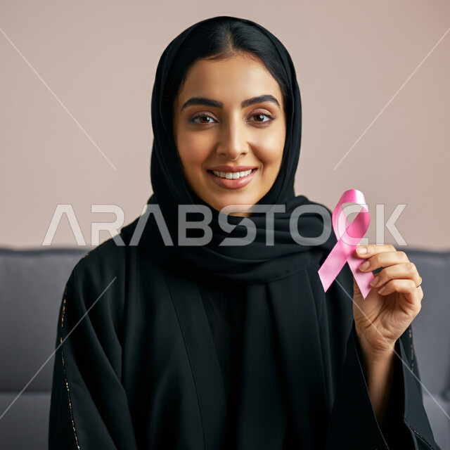 رمز الحملة العالمية، الحملة التوعويه بالامراض الخبيثه، الاهتمام بالمرض والكشف المبكر، اليوم العالمي للتوعية بسرطان الثدي، بورتريه مقرب لإمرأة عربية خليجية سعودية تجلس على كنبة مريحة وتحمل بيدها شريط زهري اللون بايماءات السرور، خلفية وردية