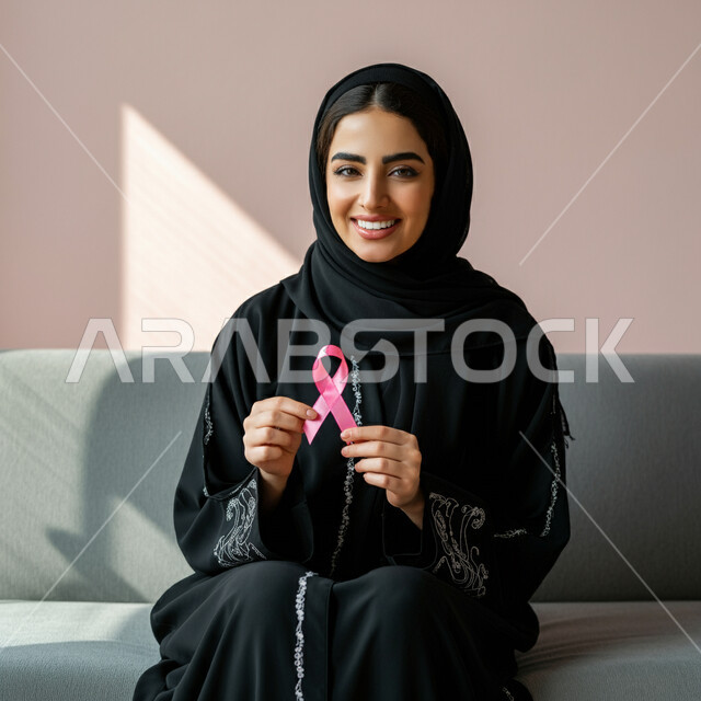 الحملة التوعويه بالامراض الخبيثه، الاهتمام بالمرض والكشف المبكر، رمز الحملة العالمية، اليوم العالمي للتوعية بسرطان الثدي، بورتريه لإمرأة عربية خليجية سعودية تجلس على كنبة مريحة وتحمل بيدها شريط زهري اللون بايماءات السرور، خلفية وردية