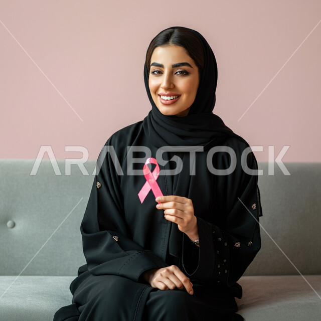 الحملة التوعويه بالامراض الخبيثه، الاهتمام بالمرض والكشف المبكر، رمز الحملة العالمية، اليوم العالمي للتوعية بسرطان الثدي، بورتريه لإمرأة عربية خليجية سعودية تجلس على كنبة مريحة وتحمل بيدها شريط زهري اللون بايماءات السرور، خلفية وردية