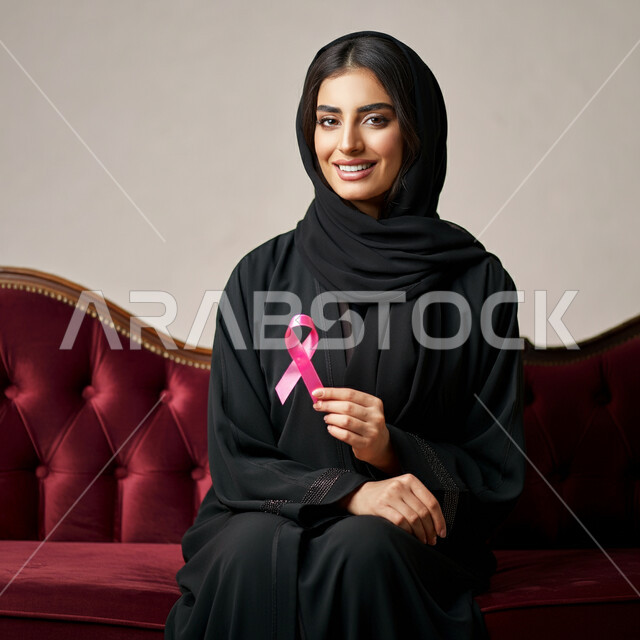 الاهتمام بالمرض والكشف المبكر، الحملة التوعويه بالامراض الخبيثه، رمز الحملة العالمية، اليوم العالمي للتوعية بسرطان الثدي، بورتريه لإمرأة عربية خليجية سعودية تجلس على كنبة مريحة وتحمل بيدها شريط زهري اللون بايماءات السرور، خلفية رمادية