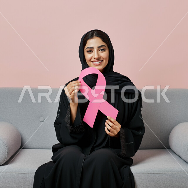 الحملة التوعويه بالامراض الخبيثه، الاهتمام بالمرض والكشف المبكر، رمز الحملة العالمية، اليوم العالمي للتوعية بسرطان الثدي، بورتريه لإمرأة عربية خليجية سعودية تجلس على كنبة مريحة وتحمل بيدها شريط زهري اللون بايماءات السرور، خلفية وردية