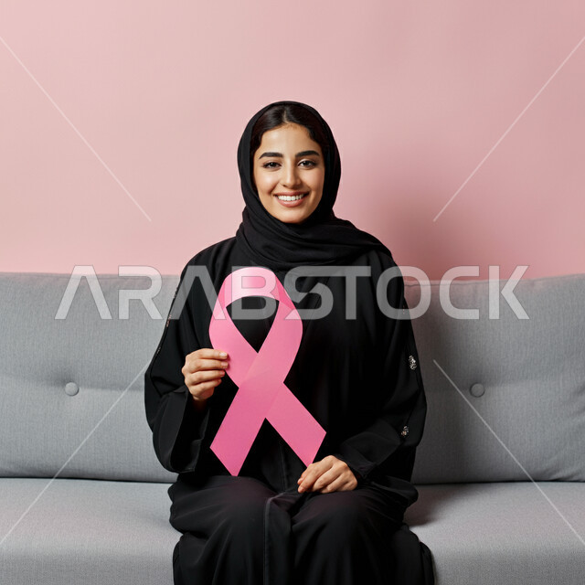 رمز الحملة العالمية، الحملة التوعويه بالامراض الخبيثه، الاهتمام بالمرض والكشف المبكر، اليوم العالمي للتوعية بسرطان الثدي، بورتريه لإمرأة عربية خليجية سعودية تجلس على كنبة مريحة وتحمل بيدها شريط زهري اللون بايماءات السرور، خلفية وردية