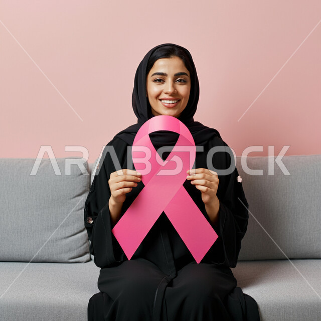 الحملة التوعويه بالامراض الخبيثه، الاهتمام بالمرض والكشف المبكر، رمز الحملة العالمية، اليوم العالمي للتوعية بسرطان الثدي، بورتريه لإمرأة عربية خليجية سعودية تجلس على كنبة مريحة وتحمل بيدها شريط زهري اللون بايماءات السرور، خلفية وردية