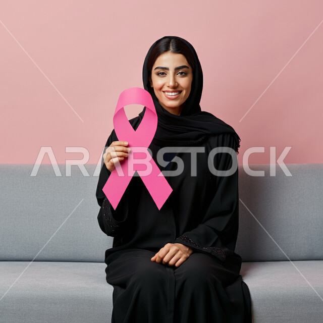 رمز الحملة العالمية، الحملة التوعويه بالامراض الخبيثه، الاهتمام بالمرض والكشف المبكر، اليوم العالمي للتوعية بسرطان الثدي، بورتريه لإمرأة عربية خليجية سعودية تجلس على كنبة مريحة وتحمل بيدها شريط زهري اللون بايماءات السرور، خلفية وردية