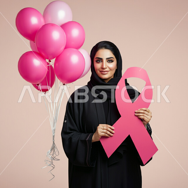 Awareness campaigns against malignant diseases, close-up portrait of a smiling veiled Saudi Arabian Gulf woman wearing an abaya holding a pink ribbon in her hand standing next to a group of pink balloons and looking at the camera intensely, World Breast Cancer Early Detection Day, pink background