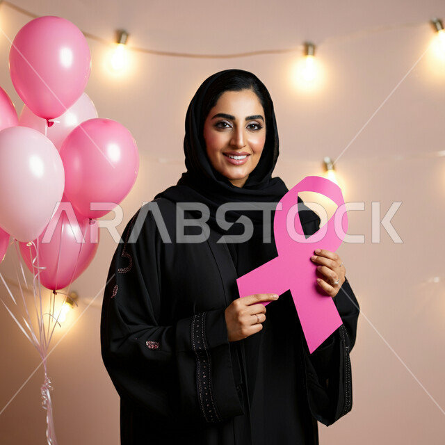  الحملات التوعوية ضد الأمراض الخبيثة, بورتريه مقرب لإمرأة عربية خليجية سعودية مبتسمة محجبة ترتدي العباءة تمسك بيدها الشريط الوردي تقف بجانب مجموعة من البلالين الوردية وتنظر إلى الكاميرا بقوة, اليوم العالمي للكشف المبكر عن سرطان الثدي, خلفية وردية