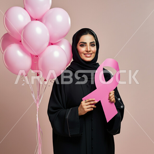  الحملات التوعوية ضد الأمراض الخبيثة, بورتريه مقرب لإمرأة عربية خليجية سعودية مبتسمة محجبة ترتدي العباءة تمسك بيدها الشريط الوردي تقف بجانب مجموعة من البلالين الوردية وتنظر إلى الكاميرا بقوة, اليوم العالمي للكشف المبكر عن سرطان الثدي, خلفية وردية