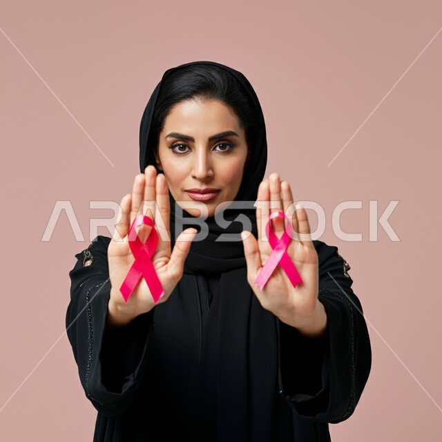 القيام بحملة توعوية عن سرطان الثدي، المنع والتوقف عن إهمال الكشف المبكر، بورتريه مقرب لإمرأة عربية خليجي سعودية ترتدي الحجاب والعباءة تضع الشريط الوردي ترفع يدها بحركات الرفض والقوة، تحدي الأمراض والأورام الخبيثة، رمز الحملة العالمية، خلفية وردية