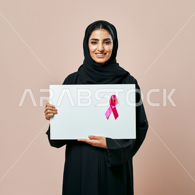 الوقوف و النظر إلى الكاميرا بإيماءات السرور، لوحات إعلانية للتوعية ضد الأمراض الخبيثة, بورتريه مقرب لإمرأة عربية خليجية سعودية ترتدي العباءة وتضع شعار الحملة العالمية لسرطان الثدي وتمسك بيدها موك أب مربع فارغ, خلفية ورديه