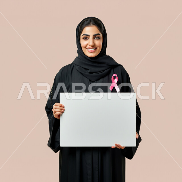 الوقوف و النظر إلى الكاميرا بإيماءات السرور، لوحات إعلانية للتوعية ضد الأمراض الخبيثة, بورتريه مقرب لإمرأة عربية خليجية سعودية ترتدي العباءة وتضع شعار الحملة العالمية لسرطان الثدي وتمسك بيدها موك أب مربع فارغ, خلفية ورديه