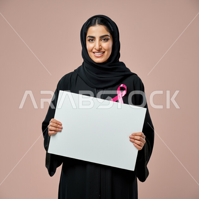 لوحات إعلانية للتوعية ضد الأمراض الخبيثة, الوقوف و النظر إلى الكاميرا بإيماءات السرور، بورتريه مقرب لإمرأة عربية خليجية سعودية ترتدي العباءة وتضع شعار الحملة العالمية لسرطان الثدي وتمسك بيدها موك أب مربع فارغ, خلفية ورديه