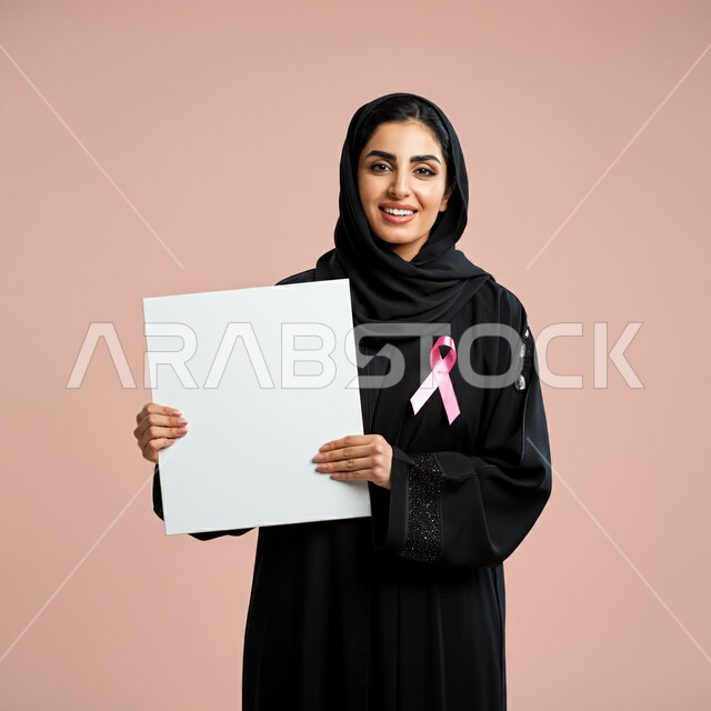 لوحات إعلانية للتوعية ضد الأمراض الخبيثة, الوقوف و النظر إلى الكاميرا بإيماءات السرور، بورتريه مقرب لإمرأة عربية خليجية سعودية ترتدي العباءة وتضع شعار الحملة العالمية لسرطان الثدي وتمسك بيدها موك أب مربع فارغ, خلفية ورديه