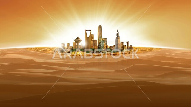 المناظر الطبيعية والرمال الذهبية الناعمة في الصحراء في النهار، الكثبان والتضاريس الطبيعية في المملكة العربية السعودية، الفن الهندسي المعماري للأبراج وناطحات السحاب في الرياض، المعالم السياحية المشهورة، التكوينات والتشكلات الرملية في الصحاري