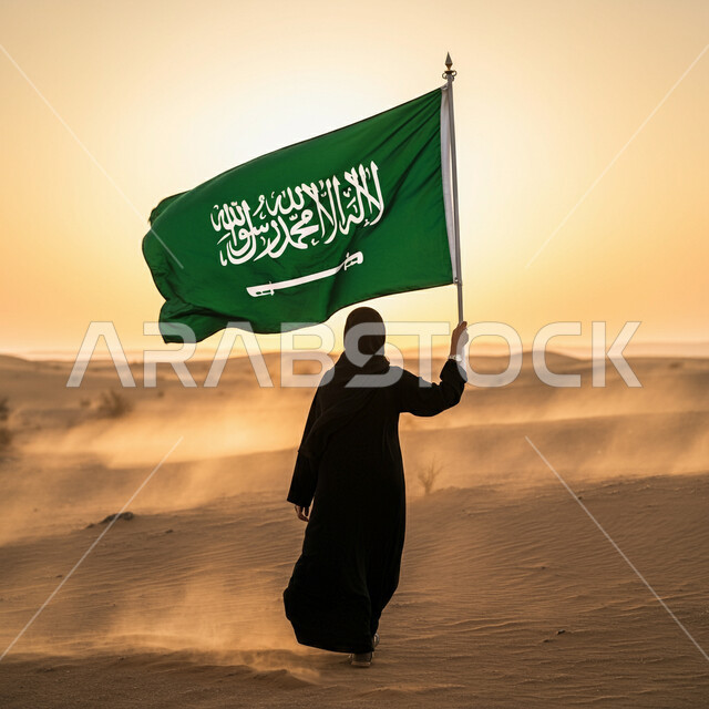 الاحتفال باليوم الوطني لتوحيد السعودية، حب الوطن والانتماء إليه، صورة من الخلف لامرأة عربية خليجية سعودية ترتدي الحجاب والعباءة تقف وسط الصحراء تحمل علم السعودية، العيد الوطني السعودي 23 سبتمبر، يوم العلم السعودي 11 مارس، الكثبان الرملية الناعمة في الصحاري