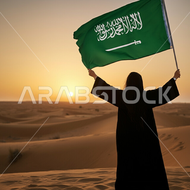 الكثبان الرملية الناعمة في الصحاري، العيد الوطني السعودي 23 سبتمبر، الاحتفال باليوم الوطني لتوحيد السعودية، حب الوطن والانتماء إليه، صورة من الخلف لامرأة عربية خليجية سعودية ترتدي العباءة تقف وسط الصحراء تحمل علم السعودية، يوم العلم السعودي 11 مارس
