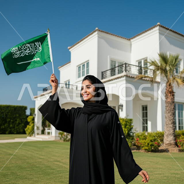 الاحتفال باليوم الوطني لتوحيد السعودية، حب الوطن والانتماء إليه، امرأة عربية خليجية سعودية ترتدي العباءة والحجاب تحمل بيدها علم السعودية، العيد الوطني السعودي 23 سبتمبر، يوم العلم السعودي 11 مارس