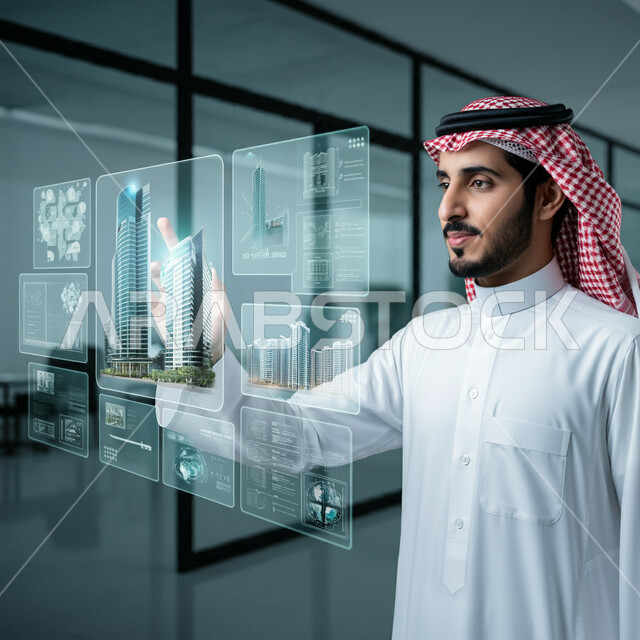 التقدم التقني والتكنولوجي في مجال التصميم الهندسي المعماري، الأشكال والتصاميم الجديدة للمشاريع الهندسية، رجل اعمال عربي خليجي سعودي يرتدي الثوب التقليدي والشماغ ينقر على أبراج هولوجرامية مضيئة ثلاثية الابعاد، رؤية مستقبلية سعودية 2030 