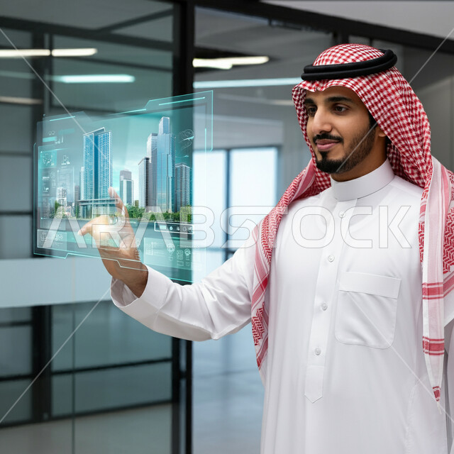Technical and technological progress in the field of architectural engineering design, new shapes and designs for engineering projects, a Saudi Arabian Gulf businessman wearing a traditional thobe and shemagh clicking on 3D illuminated holographic towers, Saudi Vision 2030