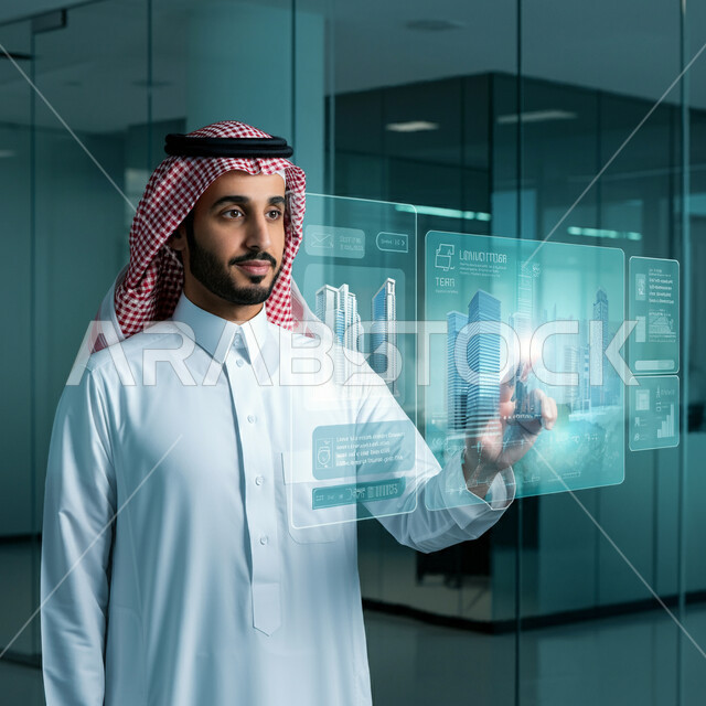 Technical and technological progress in the field of architectural engineering design, new shapes and designs for engineering projects, a Saudi Arabian Gulf businessman wearing a traditional thobe and shemagh clicking on 3D illuminated holographic towers, Saudi Vision 2030