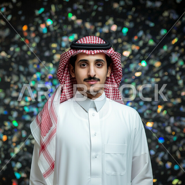  مفهوم الأناقة والرجولة، التقاط صور شخصية للوثائق الرسمية، صورة مقربة لشاب عربي خليجي سعودي يرتدي الشماغ والثوب التقليدي ينظر إلى الكاميرا بإيماءات الثقة بالنفس، الاعتناء والاهتمام بالمظهر الخارجي