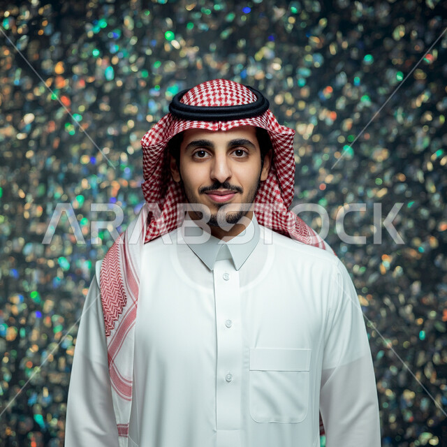 The concept of elegance and masculinity, taking selfies for official documents, a close-up of a young Saudi Arabian Gulf man wearing a traditional shemagh and thobe looking at the camera with gestures of self-confidence, taking care and attention to one's appearance