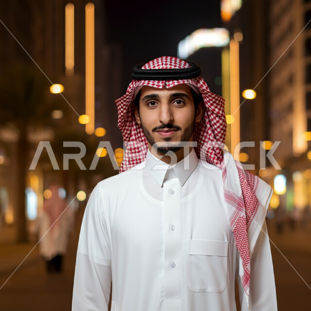  مفهوم الأناقة والرجولة، التقاط صور شخصية للوثائق الرسمية، صورة مقربة لشاب عربي خليجي سعودي يرتدي الشماغ والثوب التقليدي ينظر إلى الكاميرا بإيماءات الثقة بالنفس، الاعتناء والاهتمام بالمظهر الخارجي