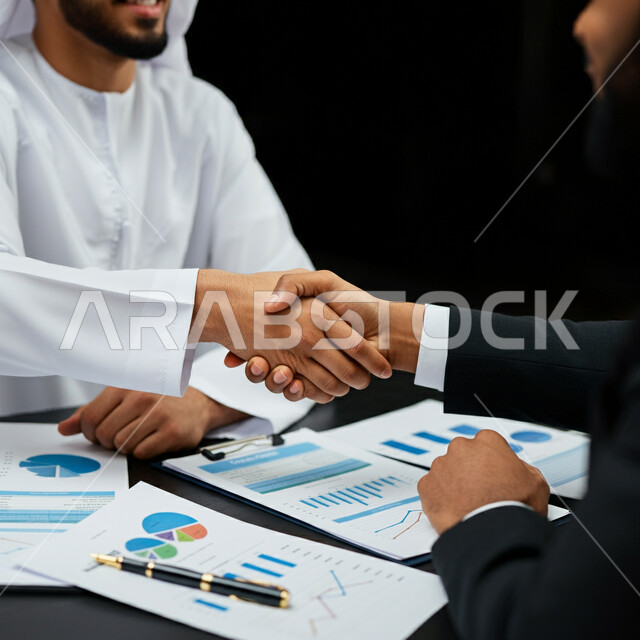 الإتفاق على المشاريع التجارية، عقد صفقة عمل جديده, مفهوم شركاء العمل، التعاون بين  الشركات العربيه في المملكه السعوديه، الترحيب والسلام والاستقبال، صورة مقربة ليد رجل عربي سعودي خليجي يرتدي الثوب التقليدي يصافح رجل أعمال داخل مقر الشركة