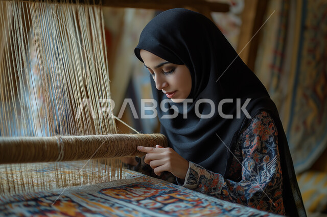 المنتجات والصناعات التقليدية الشعبية، حياكة وغزل السجاد يدوياً، الحرف اليدوية القديمة في المملكة العربية السعودية، صورة مقربة لسيدة عربية خليجية سعودية ترتدي العباءة والحجاب تقوم يحياكة الخيوط، الفن التراثي الحرفي التقليدي
