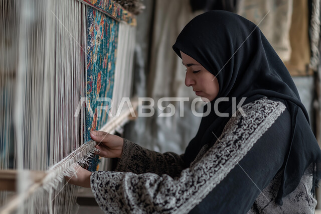حياكة وغزل السجاد يدوياً، الحرف اليدوية القديمة في المملكة العربية السعودية، صورة مقربة لسيدة عربية خليجية سعودية ترتدي العباءة والحجاب تقوم يحياكة الخيوط، المنتجات والصناعات التقليدية الشعبية، الفن التراثي الحرفي التقليدي