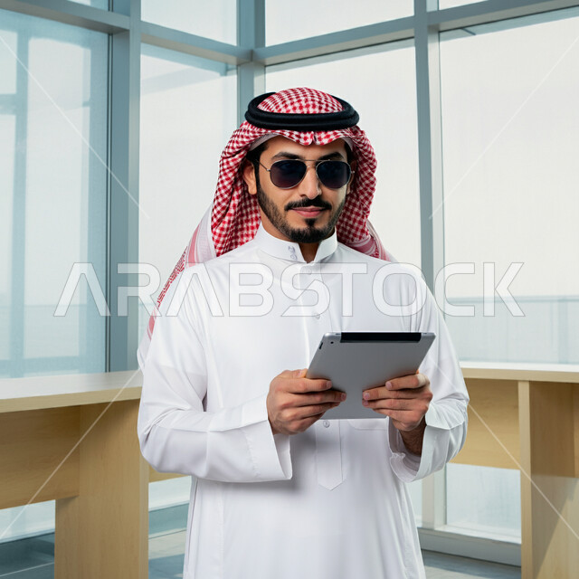 إدارة مهام العمل داخل مقر الشركة، استخدام الاجهزة التقنية الحديثة، رجل عربي خليجي سعودي مبتسم يرتدي الشماغ والثوب التقليدي والنظارات الشمسية يحمل بيده الجهاز اللوحي المحمول، المهن والوظائف السعودية، تصفح مواقع التواصل الاجتماعي عبر الإنترنت
