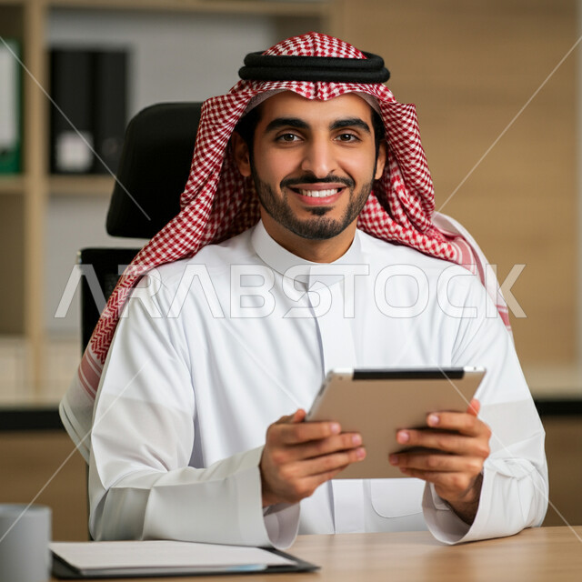 إدارة مهام العمل داخل مقر الشركة، استخدام الاجهزة التقنية الحديثة، رجل عربي خليجي سعودي مبتسم يرتدي الشماغ والثوب التقليدي يحمل بيده الجهاز اللوحي المحمول ينظر إلى الكاميرا بإيماءات السرور، المهن والوظائف السعودية، تصفح مواقع التواصل الاجتماعي عبر الإنترنت