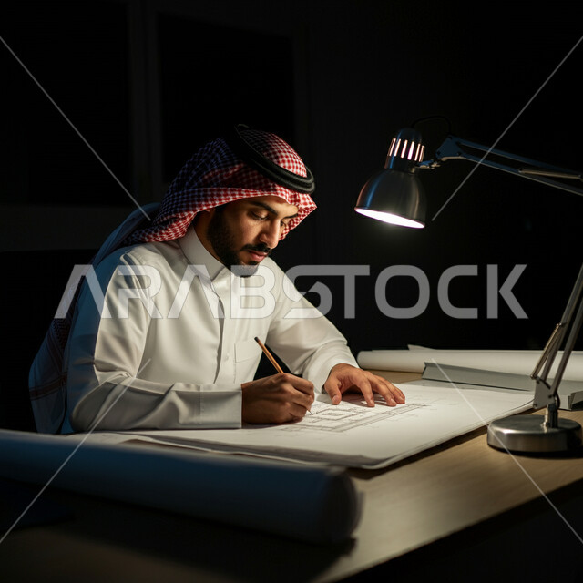 المهن والوظائف الإدارية المكتبية، رجل عربي خليجي سعودي يرتدي الشماغ والثوب التقليدي يقوم بدراسة جدول الأعمال بإيماءات الجدية والتركيز، إدارة مهام العمل داخل مقر الشركة، تدوين وتسجيل المعلومات على الورق، مفهوم العمل الليلي في الشركات