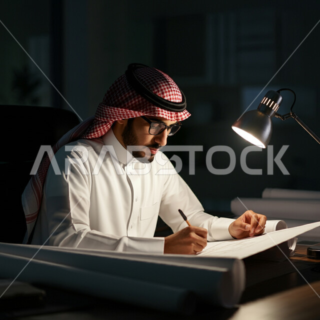 إدارة مهام العمل داخل مقر الشركة، تدوين وتسجيل المعلومات على الورق، رجل عربي خليجي سعودي يرتدي الشماغ والثوب التقليدي يقوم بدراسة جدول الأعمال بإيماءات الجدية والتركيز، المهن والوظائف الإدارية المكتبية، مفهوم العمل الليلي في الشركات