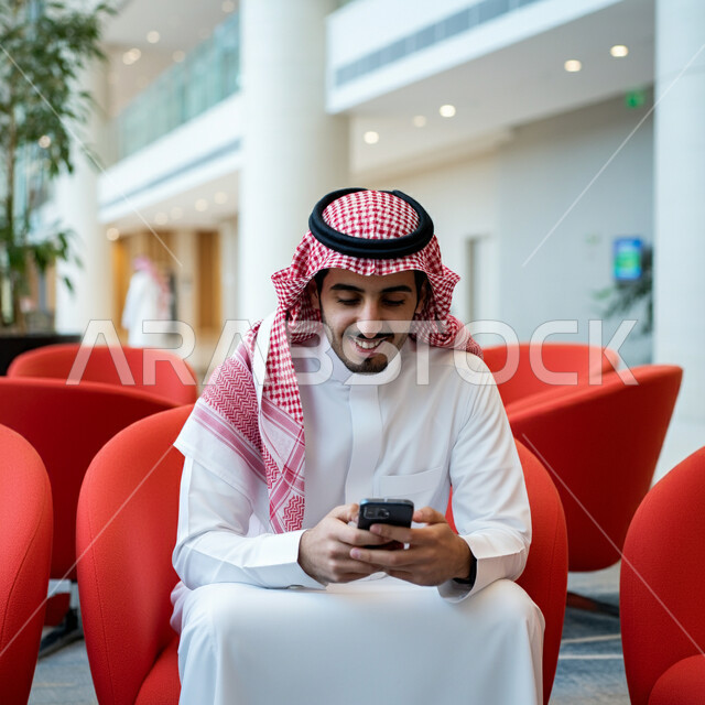 عقد اجتماع عمل عبر الإنترنت، استخدام الاجهزة التقنية الحديثة، رجل عربي خليجي سعودي يرتدي الشماغ والثوب التقليدي يجلس في قاعة انتظار الفندق يمسك بيده الهاتف المحمول ينظر إليه بإيماءات السعادة والسرور، تصفح مواقع التواصل الاجتماعي 