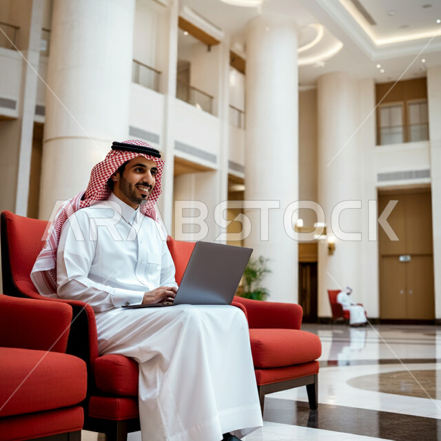 المهن والوظائف السعودية، استخدام الاجهزة التقنية الحديثة، رجل عربي خليجي سعودي يرتدي الشماغ والثوب التقليدي يجلس في قاعة انتظار الفندق يستخدم الحاسوب المحمول، إدارة مهام العمل اليومية وعقد الاجتماعات عن بعد، تصفح مواقع التواصل الاجتماعي 