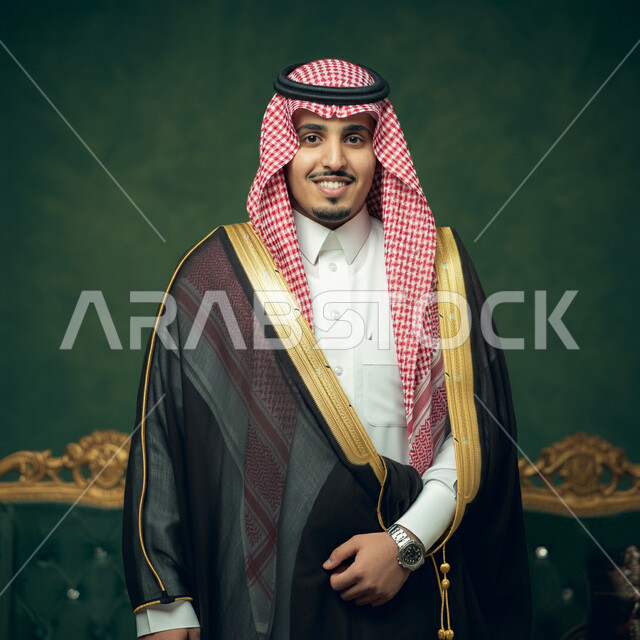 الشعور بالثقة في النفس، الاهتمام بالأناقة والمظهر الخارجي، بورتريه لرجل عربي خليجي سعودي مبتسم يرتدي الشماغ والثوب التقليدي والبشت ينظر إلى الكاميرا بإيماءات السرور، التقاط الصور الشخصية للوثائق الرسمية، كروما، خلفية خضراء