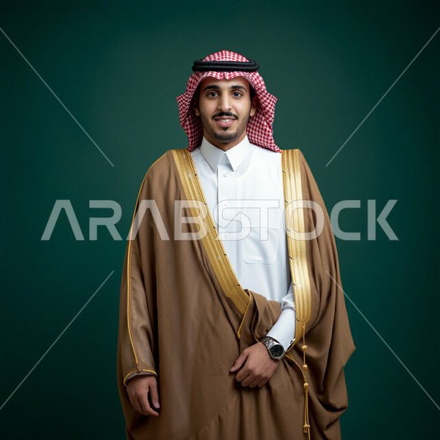 الاهتمام بالأناقة والمظهر الخارجي، بورتريه لرجل عربي خليجي سعودي مبتسم يرتدي الشماغ والثوب التقليدي والبشت ينظر إلى الكاميرا بإيماءات السرور، الشعور بالثقة في النفس، التقاط الصور الشخصية للوثائق الرسمية، كروما، خلفية خضراء