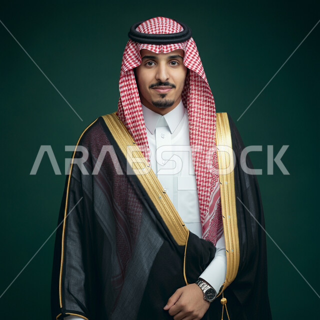 التقاط الصور الشخصية للوثائق الرسمية، الاهتمام بالأناقة والمظهر الخارجي، بورتريه لرجل عربي خليجي سعودي مبتسم يرتدي الشماغ والثوب التقليدي والبشت ينظر إلى الكاميرا بإيماءات السرور، الشعور بالثقة في النفس، كروما، خلفية خضراء