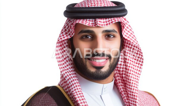 مفهوم الوسامة والرجولة، الشعور بالثقة في النفس، الاهتمام بالأناقة والمظهر الخارجي، بورتريه مقرب لرجل عربي خليجي سعودي مبتسم يرتدي الشماغ والثوب التقليدي والبشت ينظر إلى الكاميرا بإيماءات السرور، التقاط الصور الشخصية للوثائق الرسمية، خلفية بيضاء